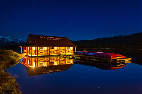 Canadian Geographic Photo Club Maligne Lake Boat House At Night