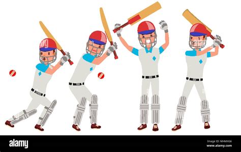 Cricket Player Vector In Action Cricket Team Character Poses Flat