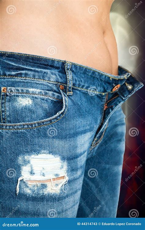 Woman With Jeans Topless Making Diet Stock Image Image Of Bluejeans