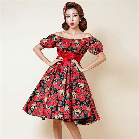 S Rockabilly Pinup Fashion Classic Elegant Party Swing Dress In Skull And Rose In