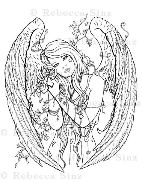 Coloring Page Printable Gothic Angel Beautiful Woman Flowers Etsy France