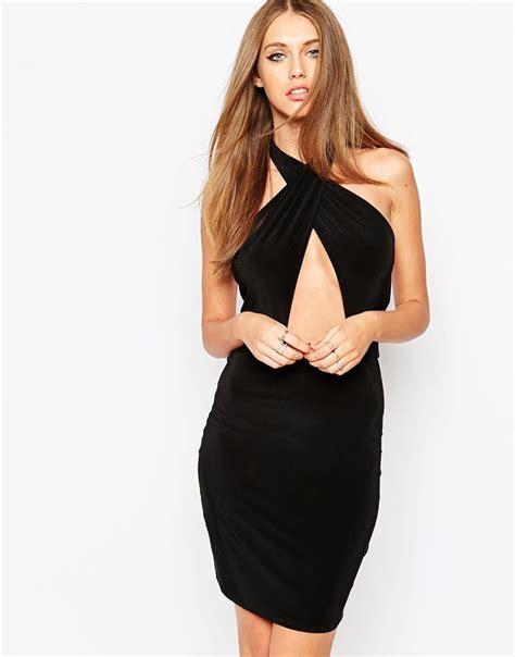 Image 1 Of Missguided Slinky Cross Front Halterneck Body Conscious Dress Bodycon Cocktail Dress