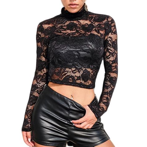 Emmababy Women S Sexy See Through Sheer Lace Long Sleeve Turtle Neck Crop Tops T Shirt Mesh