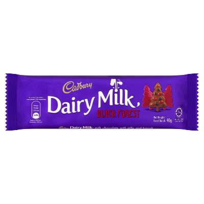 Full cream milk, sugar, cocoa butter, cherry flavoured jellies (sugar, invert sugar, glucose syrup, thickener (1401), glazing agent (vegetable oil, 903), flavour, colour (163), food acid (330), maize starch), cocoa mass, milk solids, biscuit pieces (wheat flour, sugar, vegetable fat, cocoa powder. Purchase Wholesale Cadbury Dairy Milk Black Forest 40g (24 ...