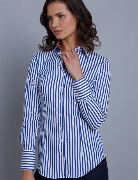Womens Royal And White Bengal Stripe Fitted Shirt With Contrast Detail