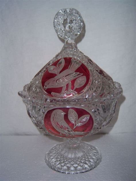 HOFBAUER red bird byrde lead crystal PEDESTAL BOWL w/ LID ...