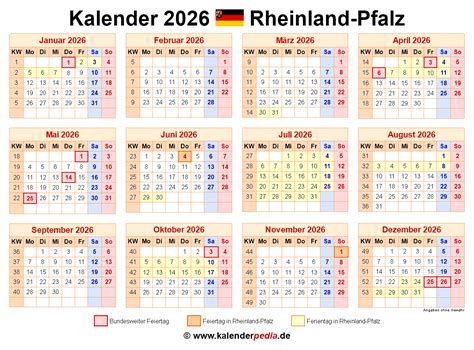 Kalender 2026 Rheinland Pfalz Ferien Feiertage Excel Vorlagen