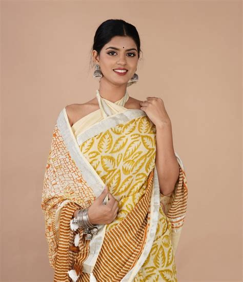shivanya handicrafts women s linen hand block printed saree with blouse piece cl 065 at rs 650