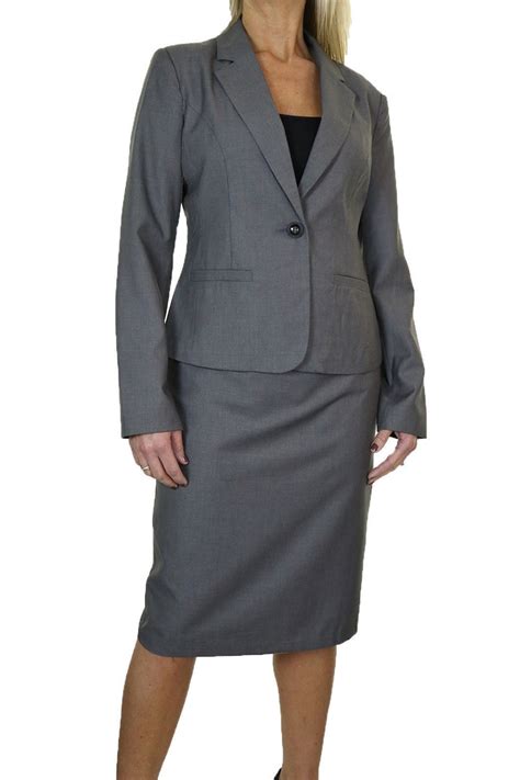 Elegant Dark Gray Office Uniform Skirt Suit Autumn Full Sleeve Blazer