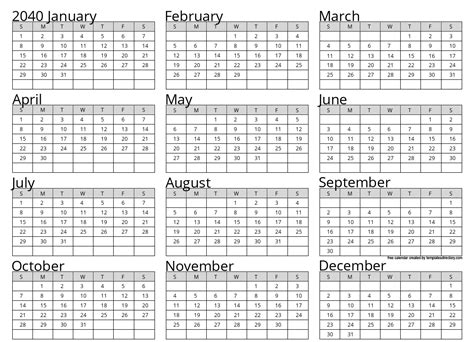 Full Year 2040 Calendar Template