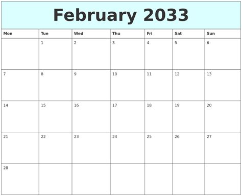 February 2033 Free Calendar