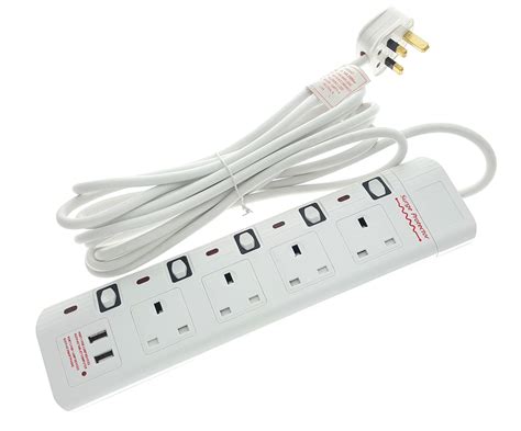 4 Way 5m Extension Lead With 2 Way Usb Port Portable Socket Surge