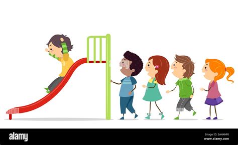 Illustration Of Stickman Kids In Queue Taking Turns In Sliding In The