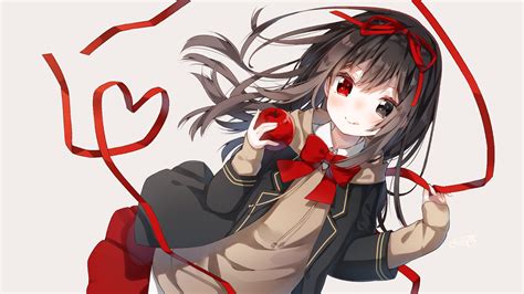 Download 1600x900 Anime Girl Brown Hair Ribbon Heart Cute Apple
