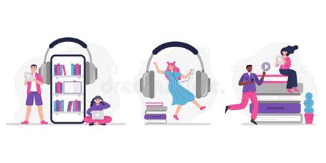 People Listen To Music Audiobook Podcast Or Language Lessons Stock