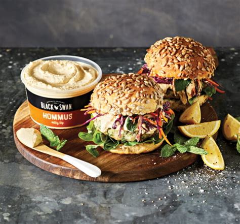 Ground boneless chicken thighs mix with cilantro for a fresh taste. Chicken & Hommus Burgers | Black Swan