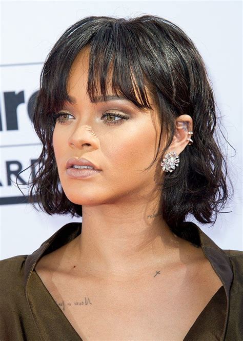 Celebrities With And Without Bangs Rihanna Faux Bangs Thick Bangs