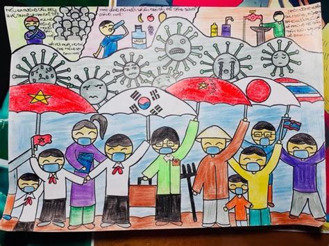 Cả thế giới đang trong giai đoạn khó khăn, gồng mình chống dịch covid. Học sinh vẽ tranh cổ động cho cuộc chiến chống lại Covid-19