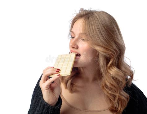 Happy Young Beautiful Woman Eating White Chocolate Stock Image Image Of Adult Isolated