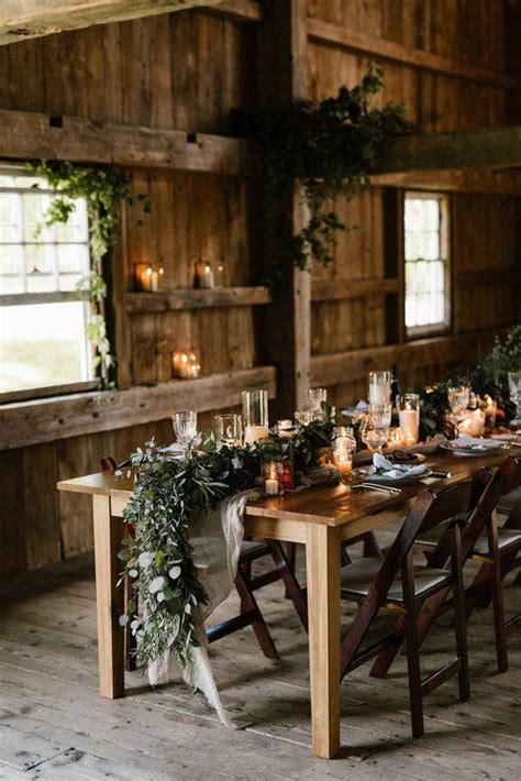 The farm at dover is an ideal destination for a barn wedding, reception or any event. Rustic + modern wedding reception decor - wooden, farm table with greenery garland centerp ...