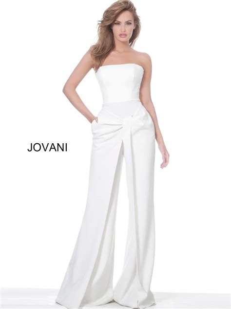 Jovani 03828 White Strapless Tie Front Evening Jumpsuit