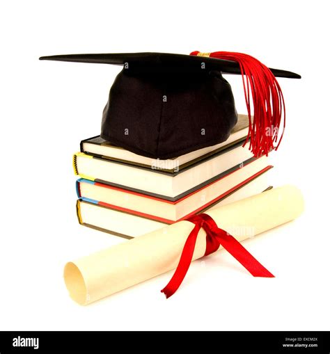 Graduation Cap With Red Tassel Books And Diploma Stock Photo Alamy