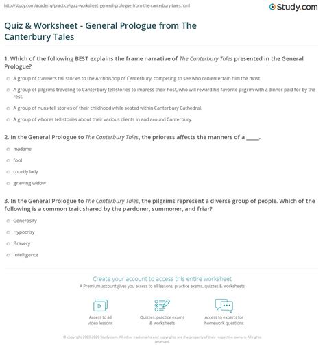 Quiz And Worksheet General Prologue From The Canterbury