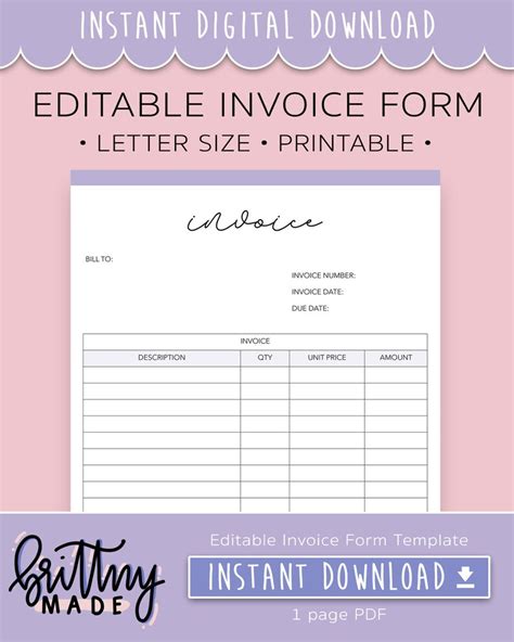 Editable Invoice Template Business Blogger Freelancer Etsy