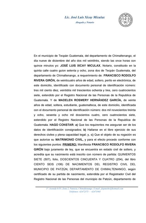 Acta notarial de matrimonio Francisco y Madelene Lic José Luis Xicay