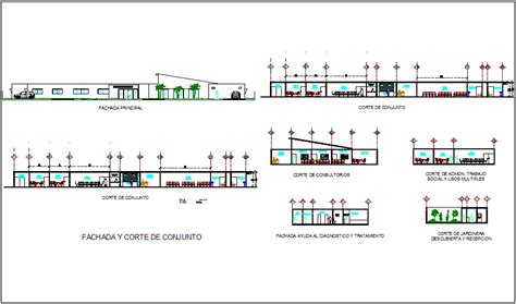 Elevation And Different Axis Section View For Clinic Building Dwg File
