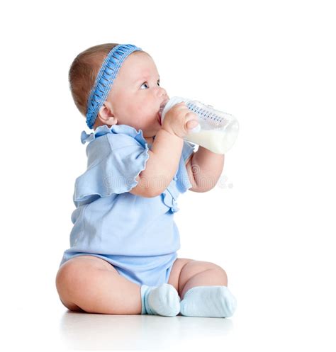 Baby Girl Drinking Milk From Bottlee Without Help Stock