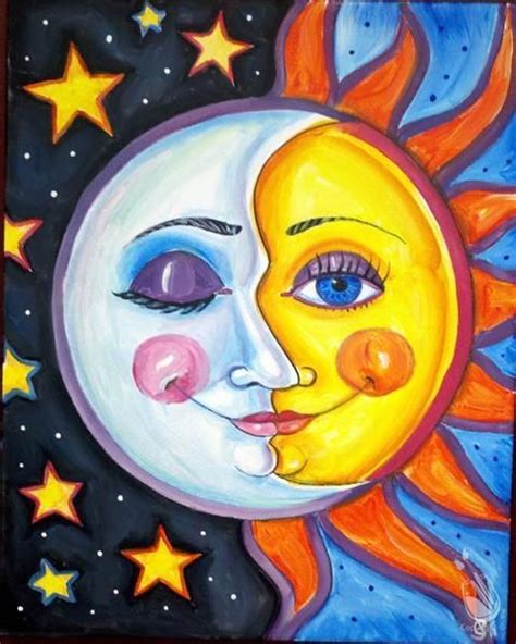 A Painting Of A Sun And Moon With Stars In The Background