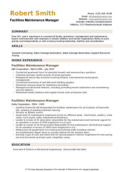 Thinking of responding to that ad for a utility maintenance supervisor position? Facilities Maintenance Manager Resume Samples | QwikResume