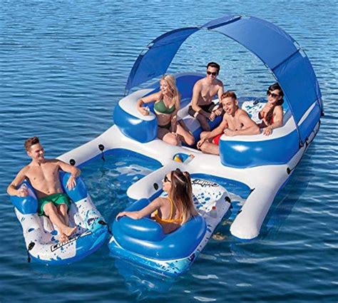 Inflatable 8 Person Floating Island With Uv Sun Shade And Connecting Lounge Rafts Pool Lounger