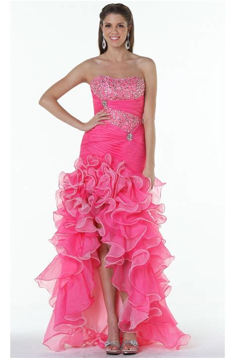 Beautiful Strapless High Low Hot Pink Organza Ruffle Prom Dress