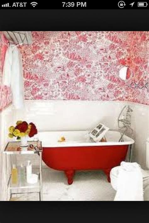Kathryn Ireland Bathroom Red Floral Wall Red Claw Foot Eclectic