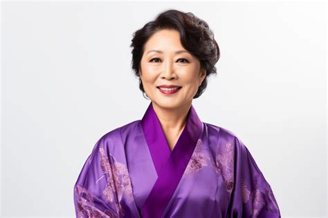 Premium Ai Image Portrait Of Happy Middle Aged Asian Woman In Purple Kimono