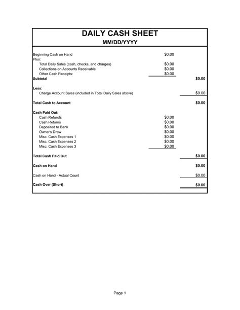 Free Cash Up Sheet Template Printable Templates