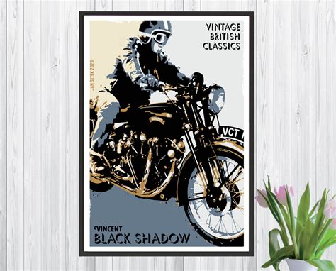 Vincent Black Shadow British Classic Motorbike Poster Man Etsy Uk