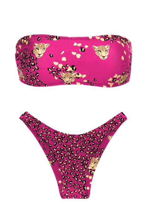 Pink Leopard Print Bandeau Bikini And Tanga Set Roar Pink Bandeau