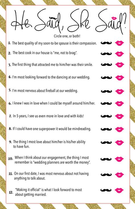 The he said, she said game is perfect for the occasion! Printable He Said She Said Bridal Shower Game