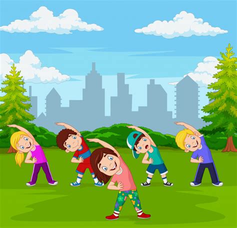 Haciendo ejercicio dibujos de educacion fisica animados para colorear. Dibujos animados de niños pequeños haciendo ejercicio en el parque verde de la ciudad | Vector ...