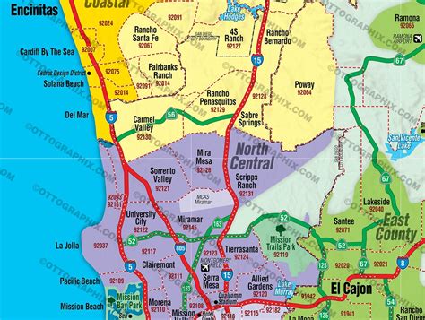 San Diego County Zip Code Map Coastal County Areas Colorized Otto Maps