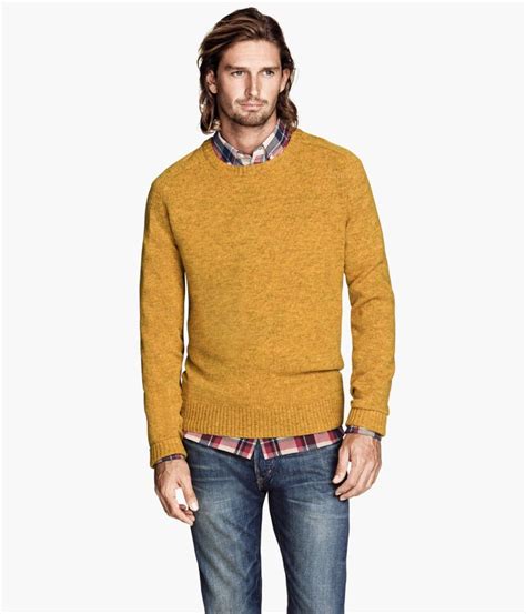 Mustard Long Sleeved Sweater In Melange Wool Blend│handm Men Sweater