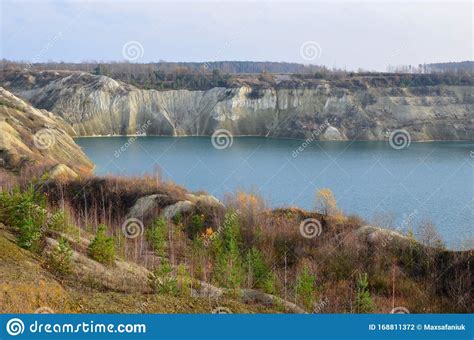 Chalk Quarry Artificial Lakes In Autumn Season Technogenic Open Pit Is Known As The Belarusian