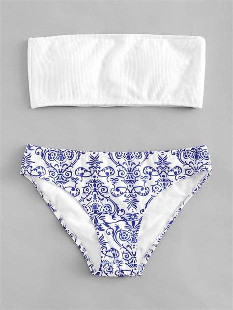 White Bandeau Swimsuit With Low Rise Blue Porcelain Bikini Bottom Mix
