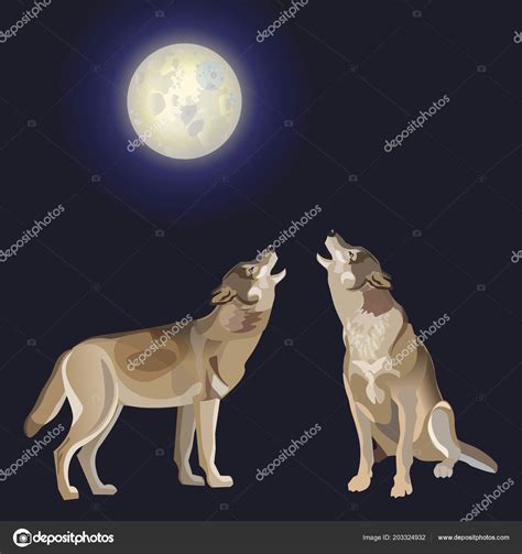 Two Wolves Howling Moon Vector Illustration Isolated Dark Background