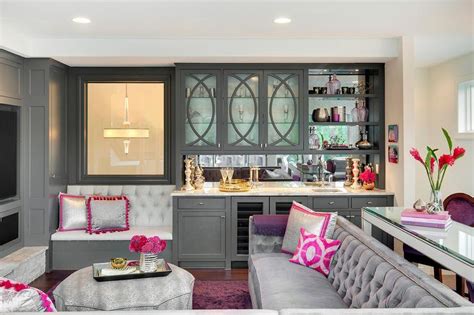 Pink And Gray Living Room With Gray Wet Bar Contemporary