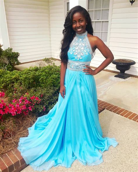 Sexy Turquoise African Black Girl Prom Dress High Neck Beading Crystals