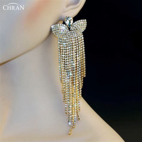 Chran New Gold Color 6 Long Bridal Chandelier Earrings Rhinestone